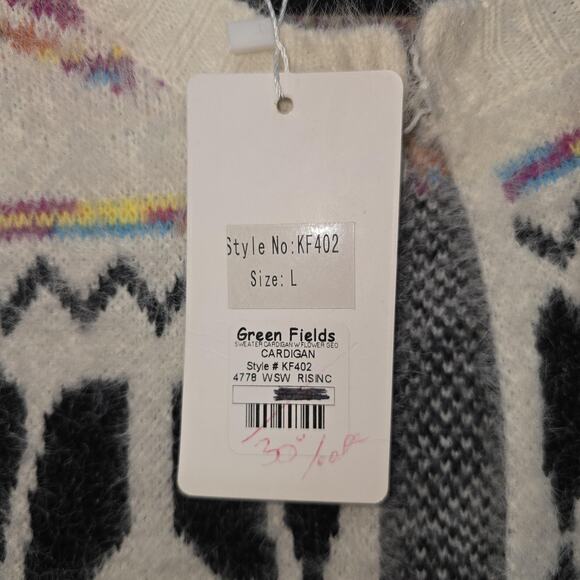 Kamana Cardigan Sweater Womens Large White Black Geometric Long Line Knit Cozy - Picture 4 of 10